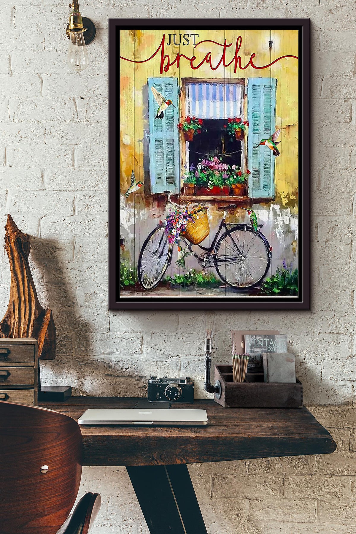 Just Breathe Cycling Vintage Poster Framed Matte Canvas