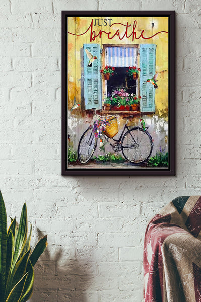 Just Breathe Cycling Vintage Poster Framed Matte Canvas