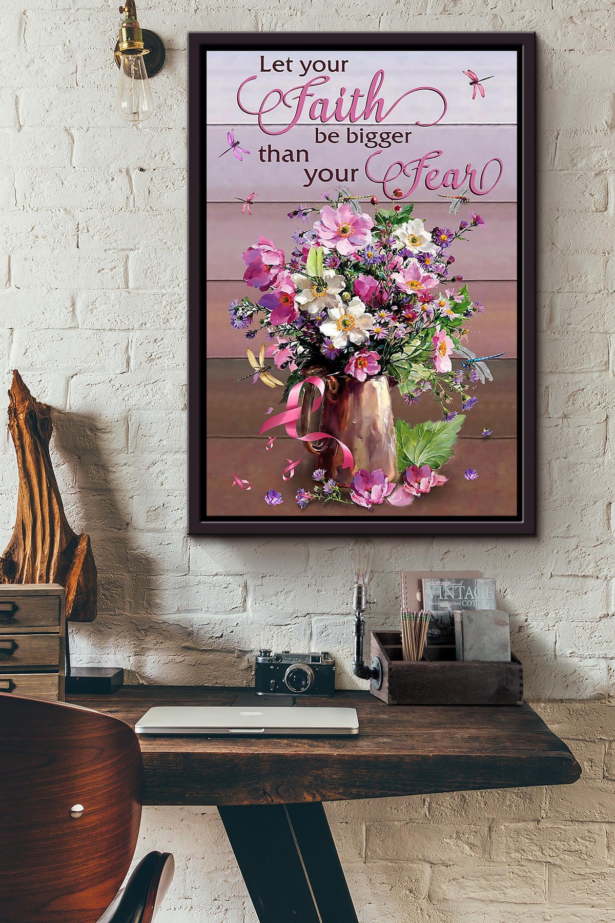 Let Your Faith Be Bigger Than Your Fear Floral Wall Art Gift For Florist Flower Shop Farmhouse Decor Housewarming Framed Canvas Framed Prints, Canvas