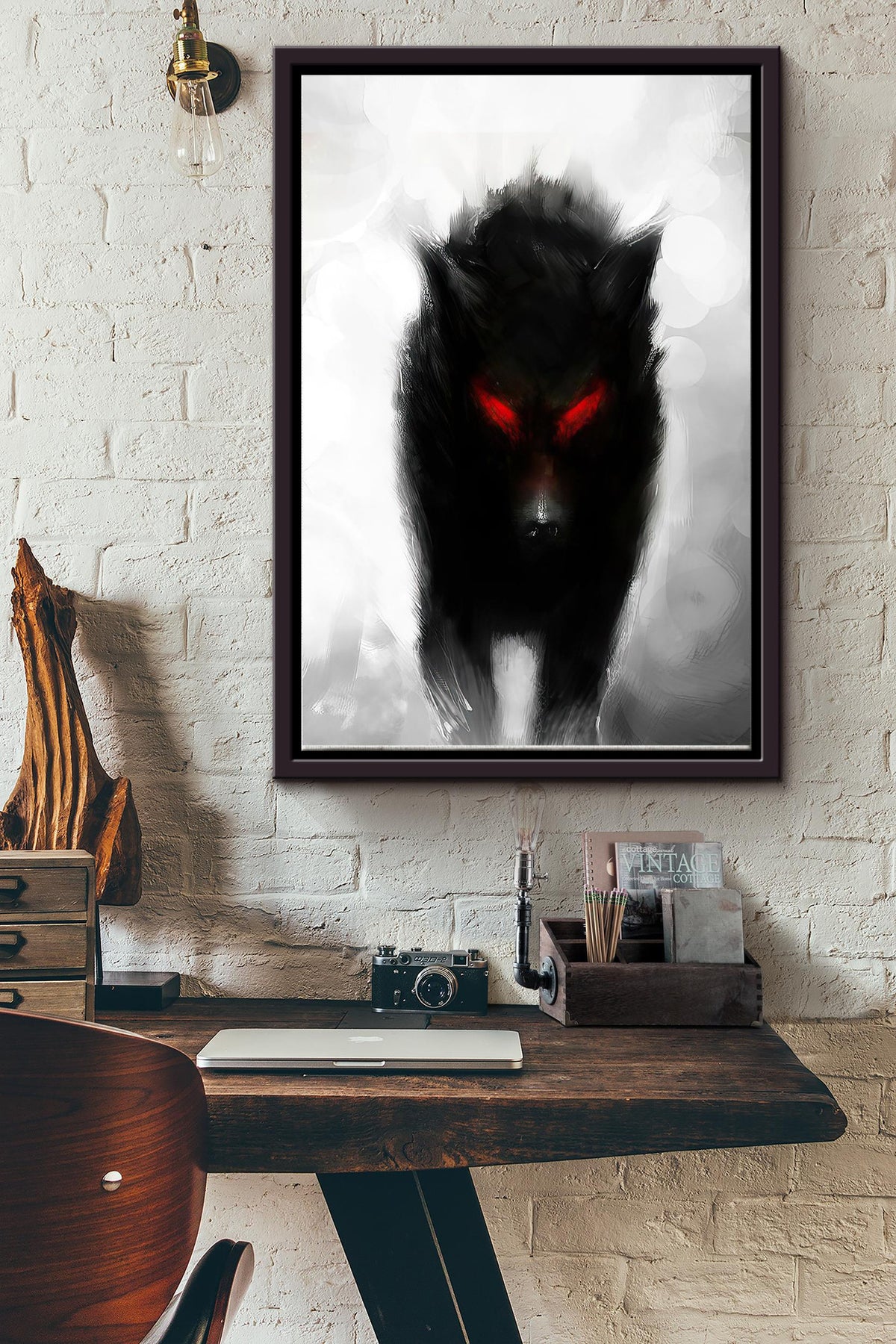 Black Wolf Red Eye Poster Wall Art - Gift For Wolf Fan, Zoo Decor Framed Matte Canvas Framed Prints, Canvas