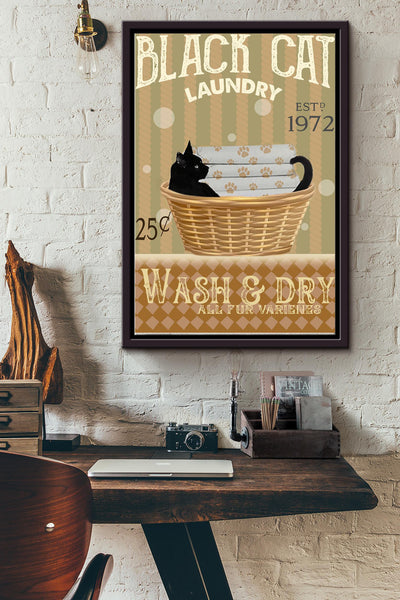 Black Cat Laundry Wash And Dry Poster - Animal Wall Art - Gift For Bathroom Decor, Cat Lover, Cat Foster Framed Matte Canvas Framed Prints, Canvas