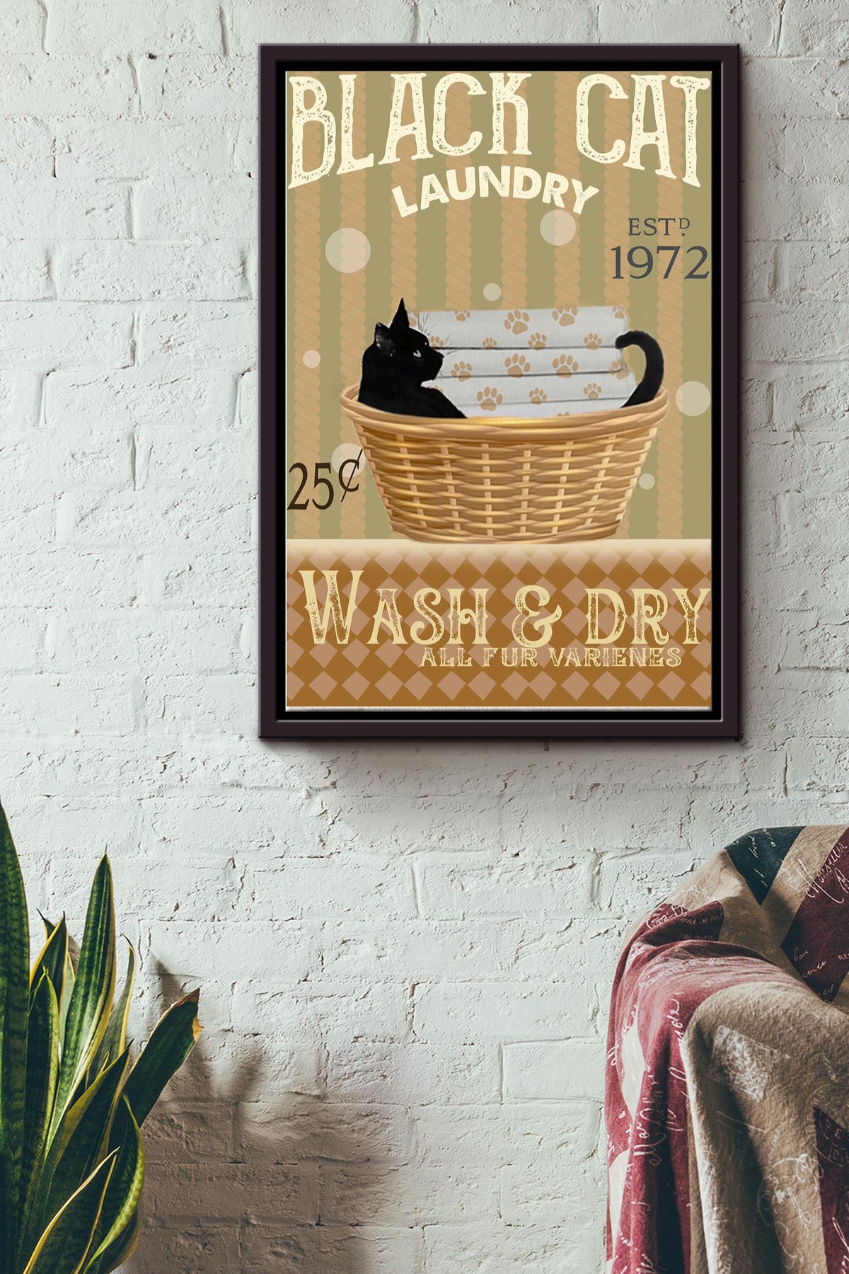 Black Cat Laundry Wash And Dry Poster - Animal Wall Art - Gift For Bathroom Decor, Cat Lover, Cat Foster Framed Matte Canvas Framed Prints, Canvas