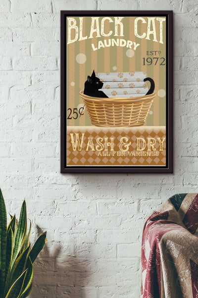 Black Cat Laundry Wash And Dry Poster - Animal Wall Art - Gift For Bathroom Decor, Cat Lover, Cat Foster Framed Matte Canvas Framed Prints, Canvas