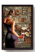 Easily Distracted By Books Wine Book Wine Lover Print Gift For Library Wine Drinker Bar Framed Canvas