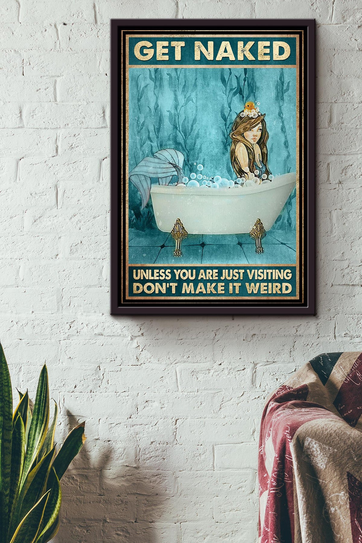 Get Naked Funny Meme Mermaid With Rubber Duck In Bath Gift For Bathroom Decor Housewarming Framed Canvas