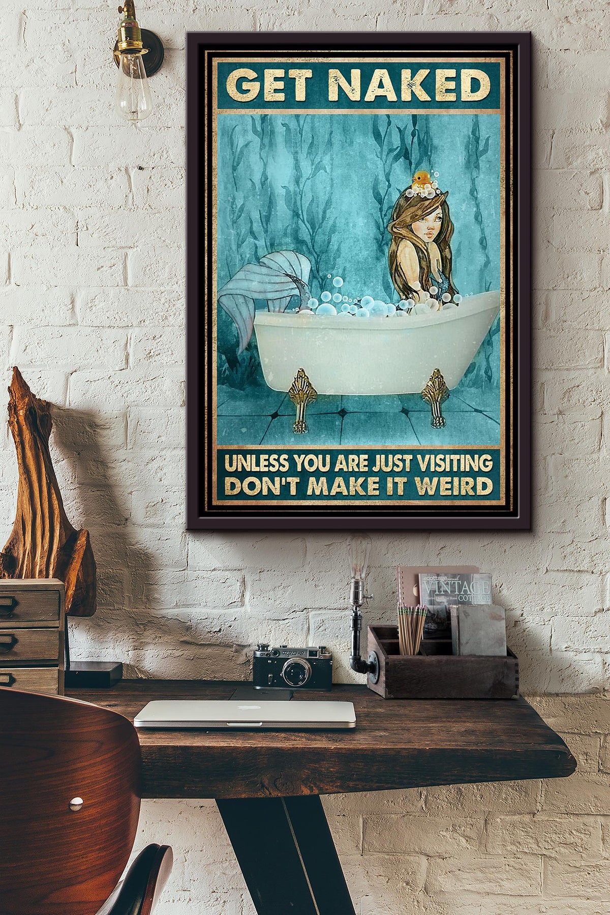 Get Naked Funny Meme Mermaid With Rubber Duck In Bath Gift For Bathroom Decor Housewarming Framed Canvas