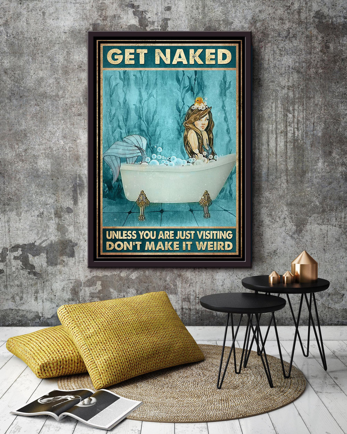 Get Naked Funny Meme Mermaid With Rubber Duck In Bath Gift For Bathroom Decor Housewarming Framed Canvas