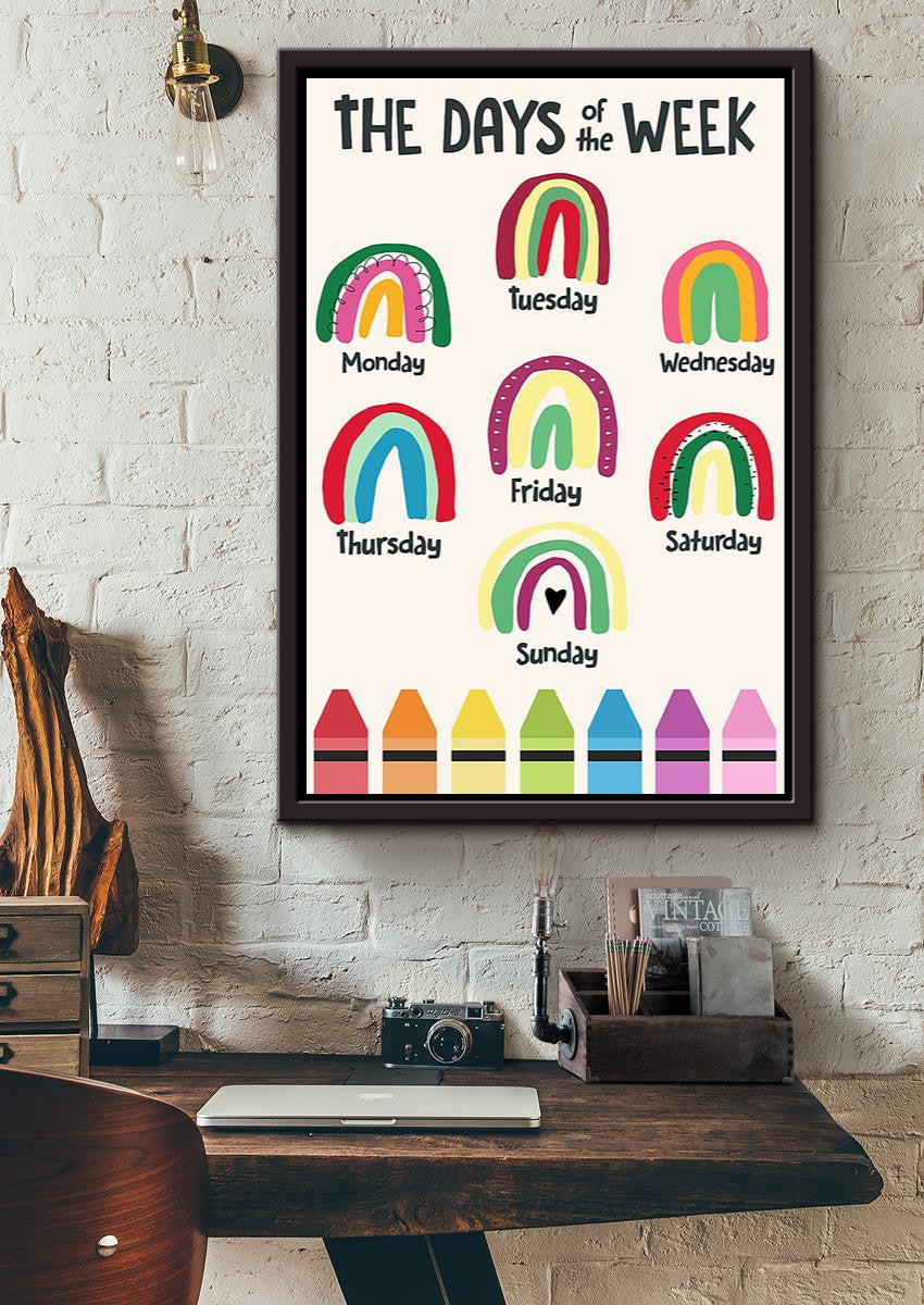 Colorful Rainbow Drawing Days Of The Week Home Decor Wall Art Gift For Teacher Nursery Kids Bedroom Decor Framed Canvas Framed Prints, Canvas
