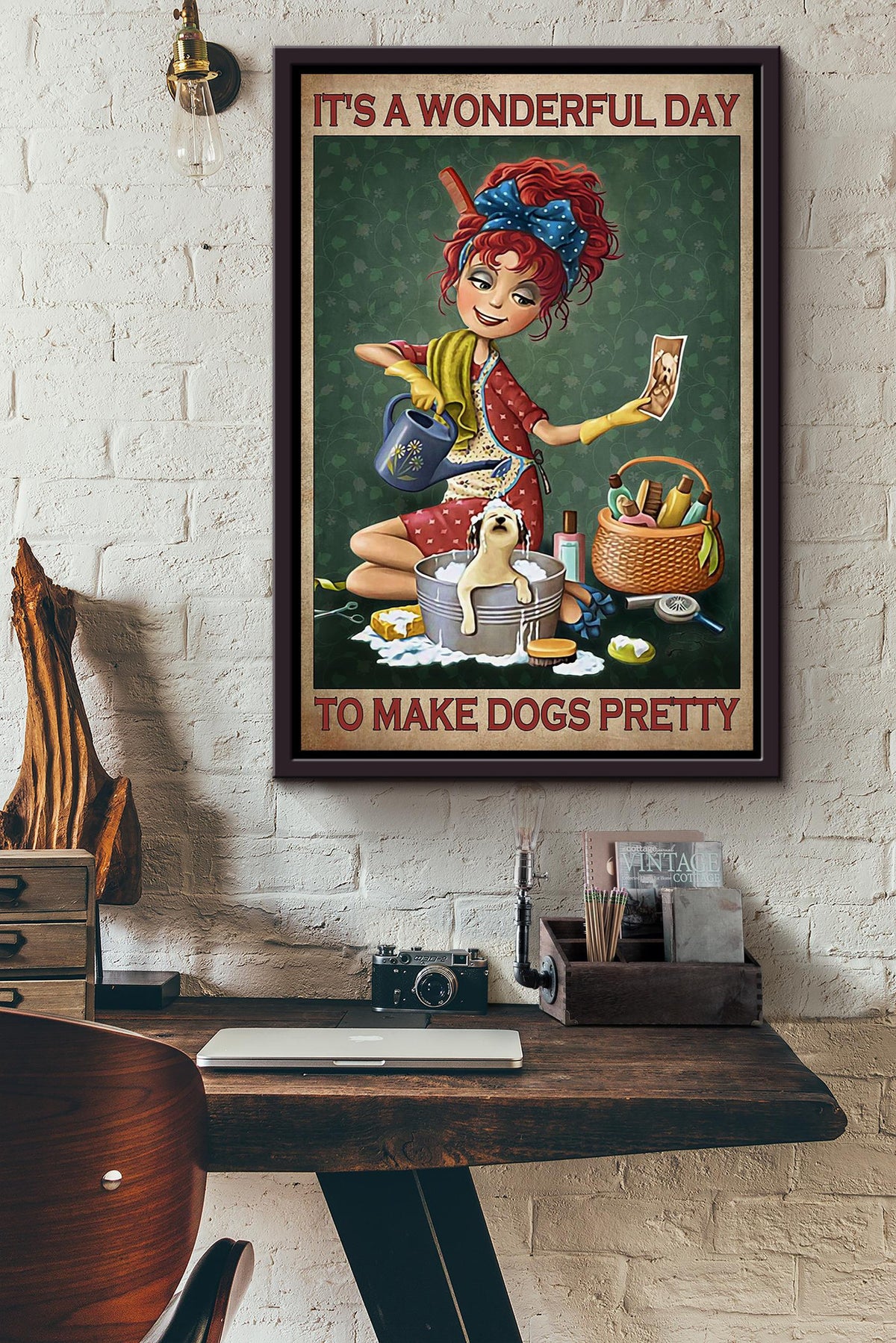 It's A Wonderful Day To Make Dogs Pretty Red Hair Girl Gift For Puppy Lover Dog Groomer Veterinarian Framed Canvas