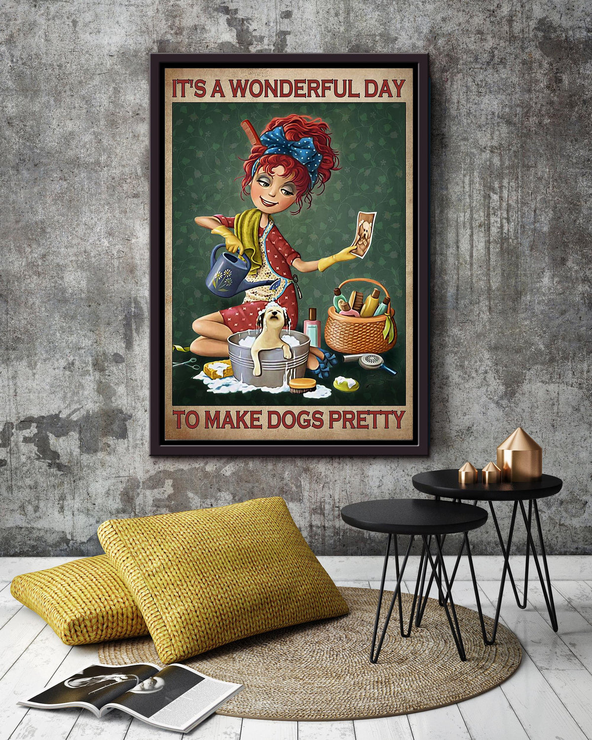It's A Wonderful Day To Make Dogs Pretty Red Hair Girl Gift For Puppy Lover Dog Groomer Veterinarian Framed Canvas