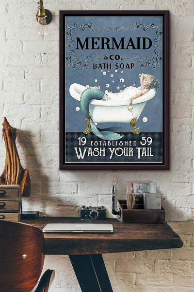Mermaid Wash Your Tail Poster Bathroom Decor Wall Art Canvas Housewarming Gift Gift For Girl Mermaid Lovers Home Decor Meimaid Decor Framed Matte Canvas Framed Prints, Canvas