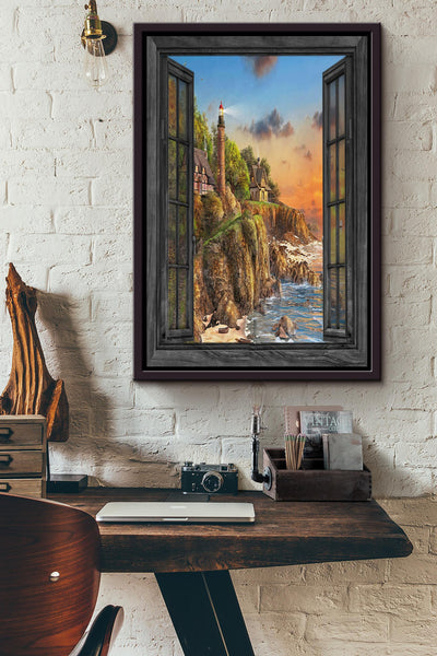 Lighthouse In Window View Travelling Wall Art Gift For Tourists Souvenir 02 Framed Canvas Framed Prints, Canvas