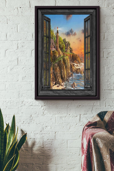 Lighthouse In Window View Travelling Wall Art Gift For Tourists Souvenir 02 Framed Canvas Framed Prints, Canvas