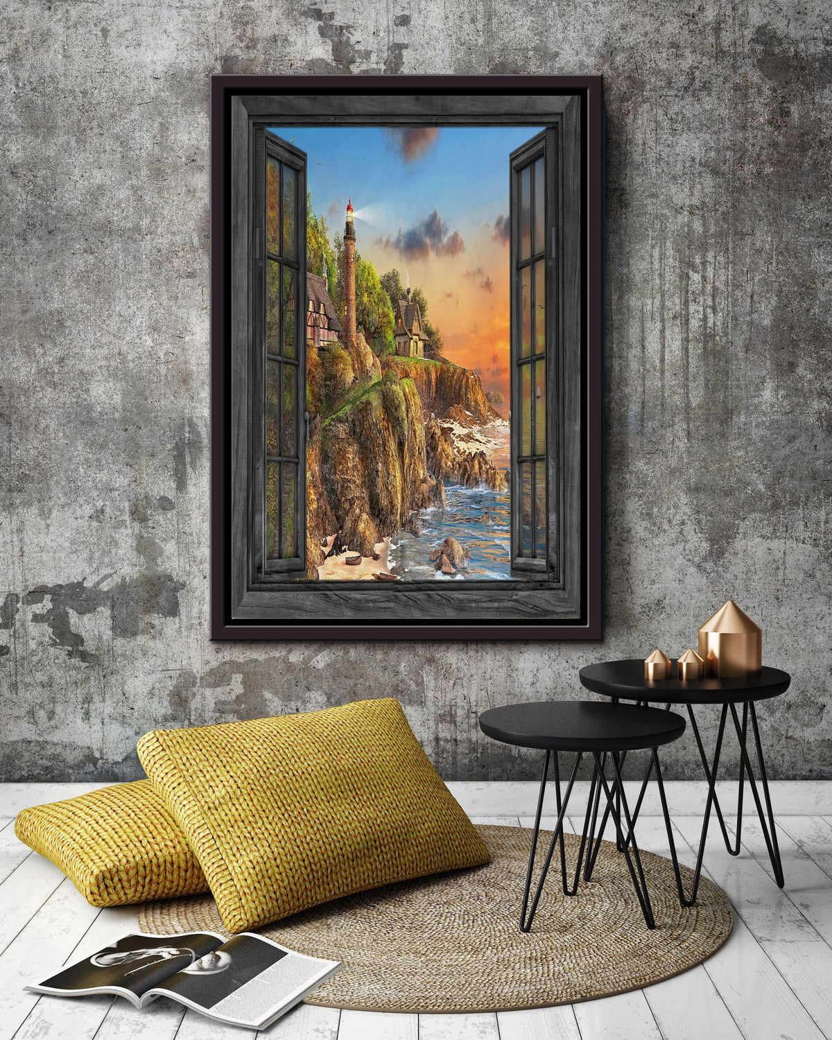 Lighthouse In Window View Travelling Wall Art Gift For Tourists Souvenir 02 Framed Canvas Framed Prints, Canvas