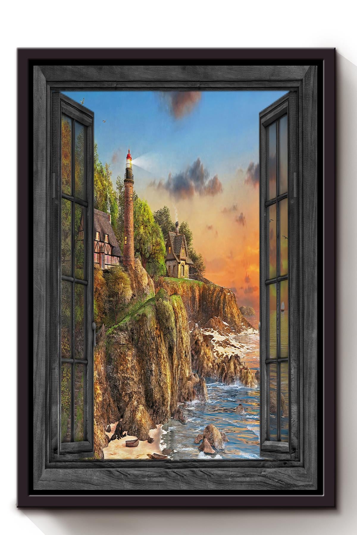 Lighthouse In Window View Travelling Wall Art Gift For Tourists Souvenir 02 Framed Canvas Framed Prints, Canvas