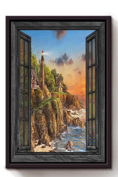 Lighthouse In Window View Travelling Wall Art Gift For Tourists Souvenir 02 Framed Canvas Framed Prints, Canvas