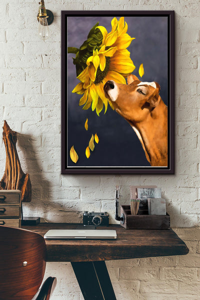 Cow With Sunflower Art Poster Framed Matte Canvas