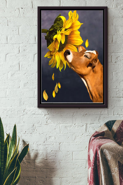 Cow With Sunflower Art Poster Framed Matte Canvas