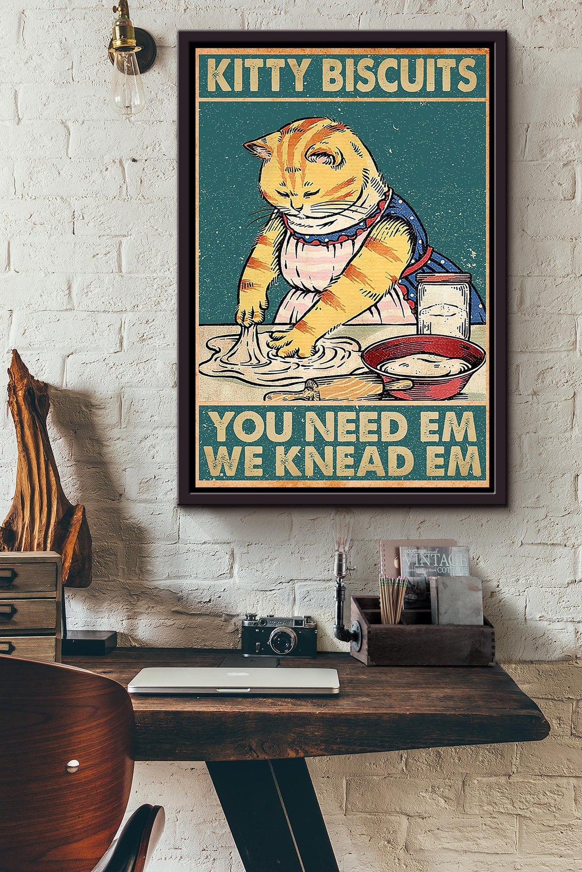 Kitty Biscuits You Need Em We Knead Em Gift For Bakery Decor Baker Cat Lover Framed Canvas