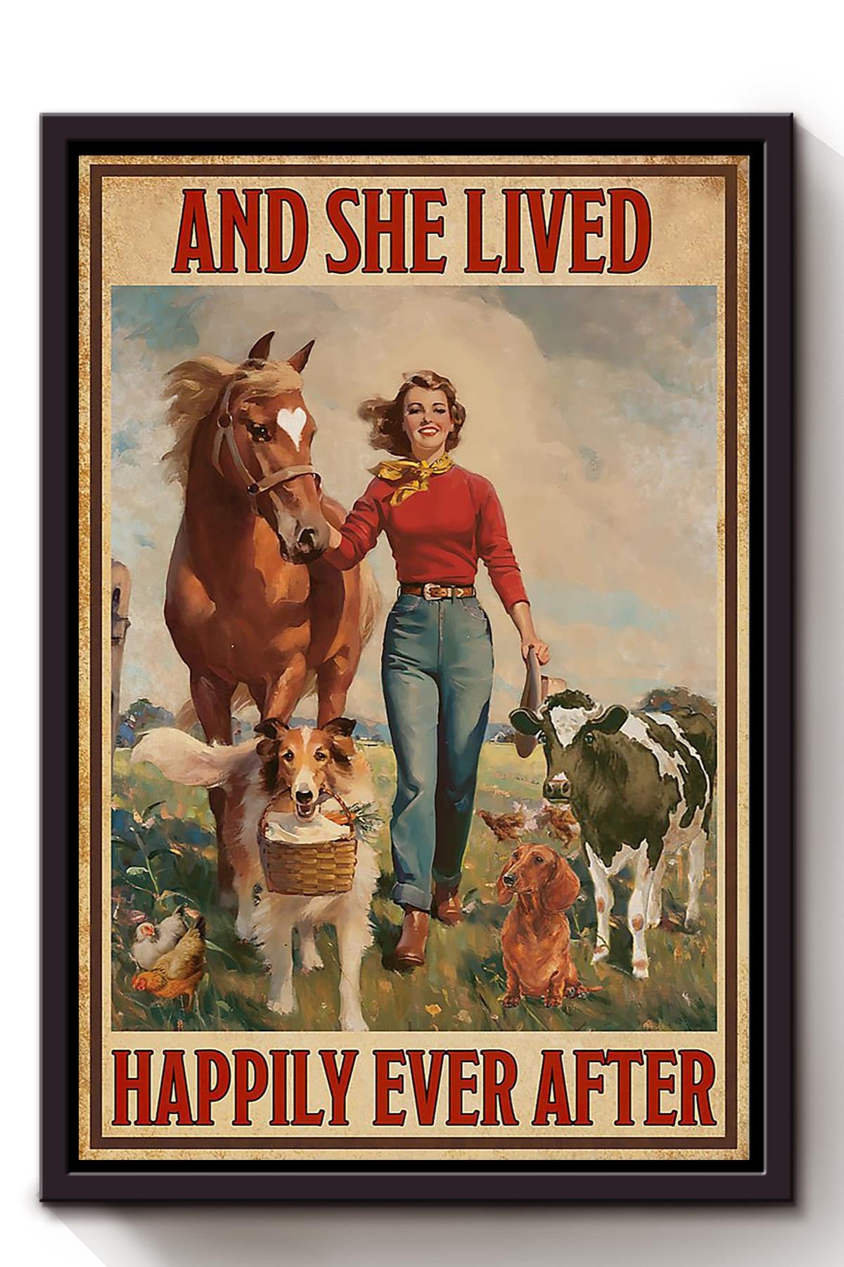 Girl With Horse Dogs Cow Lived Happily Ever After Colorful Quote Gift For Cowgirl Female Farmer Framed Canvas