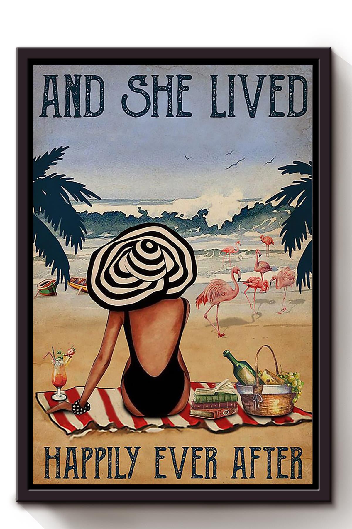 Girl On Beach With Flamingo And She Lived Happily Ever After Quote Gift For Girl Womans Day Framed Canvas