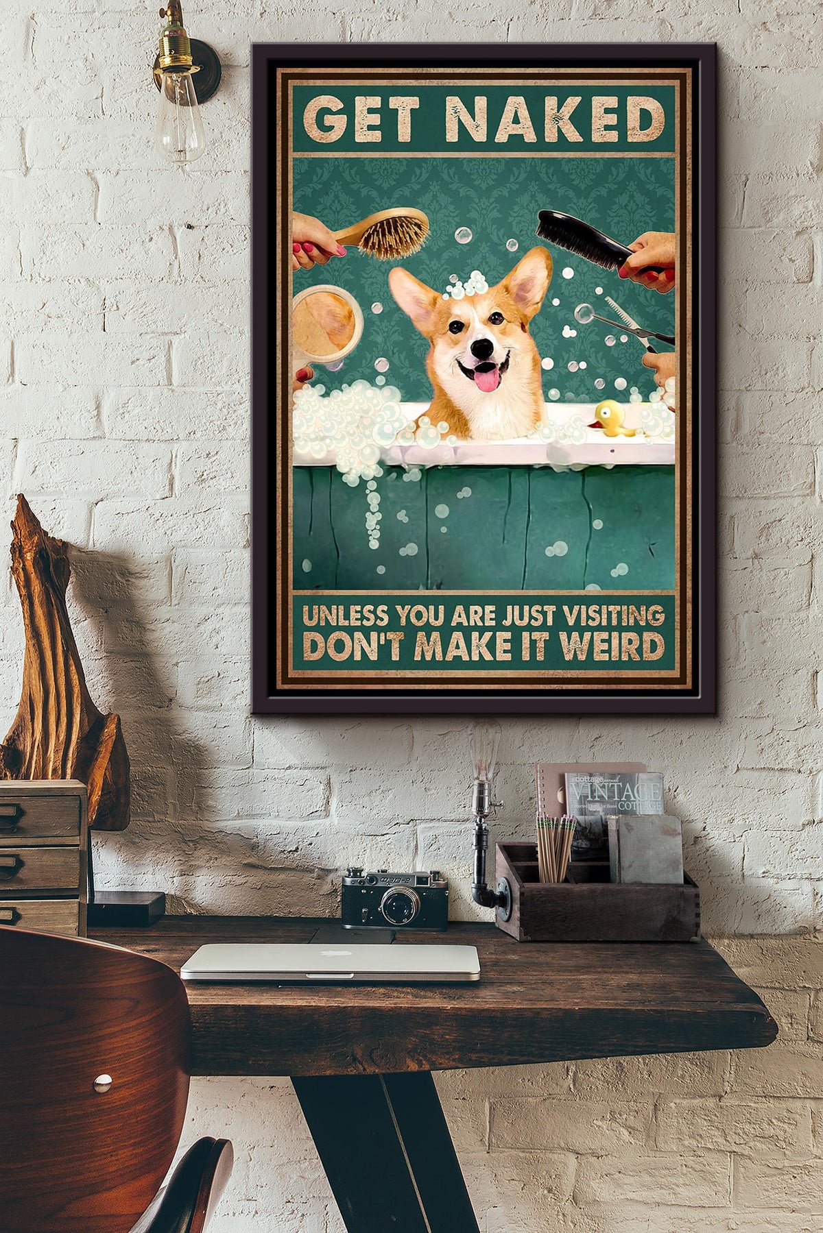 Get Naked Funny Meme Corgi In Bath Gift For Bathroom Decor Housewarming Framed Canvas