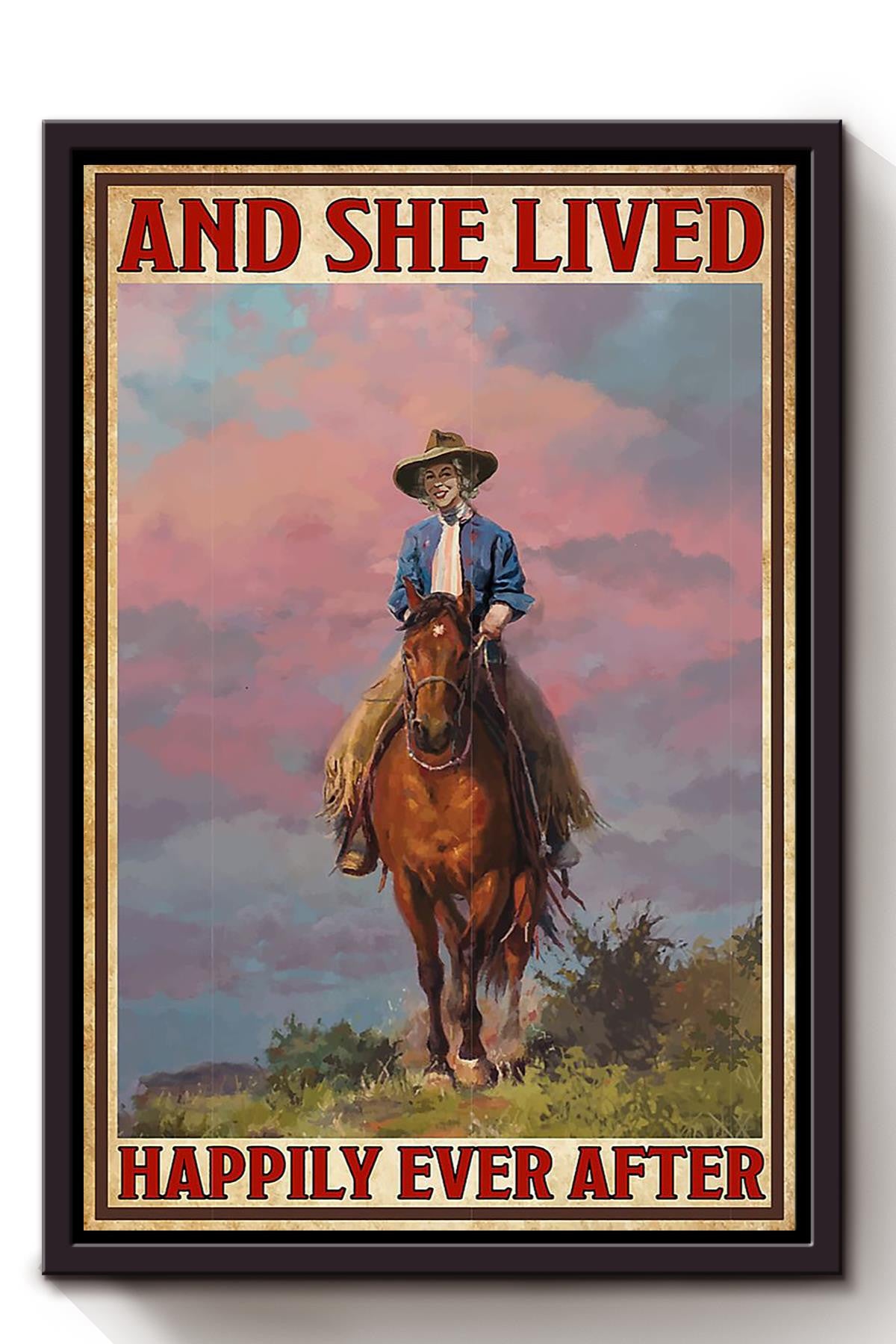 Cowgirl On Grassland Lived Happily Ever After Quote Gift For Horse Girl Framed Canvas