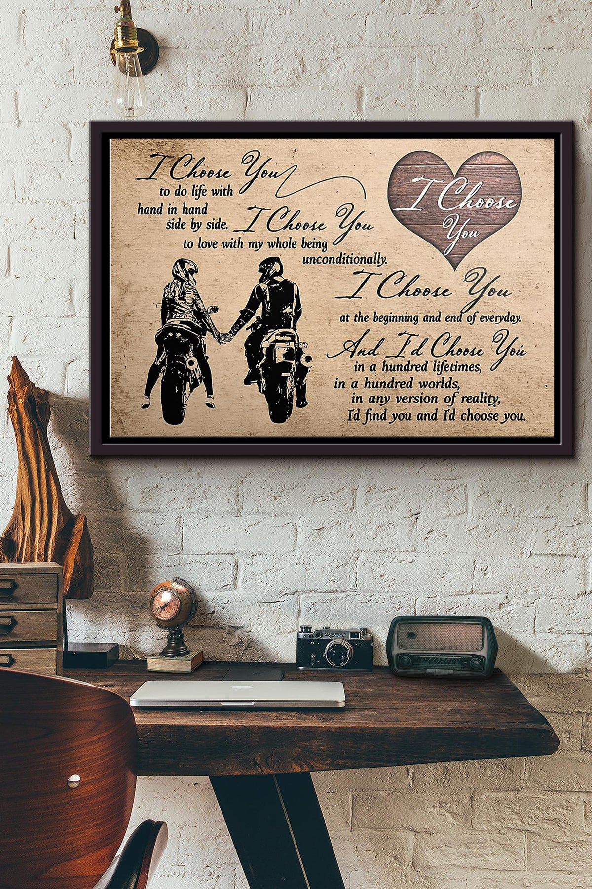 Motorcycle Couple I Choose You Horizontal Poster n Framed Matte Canvas