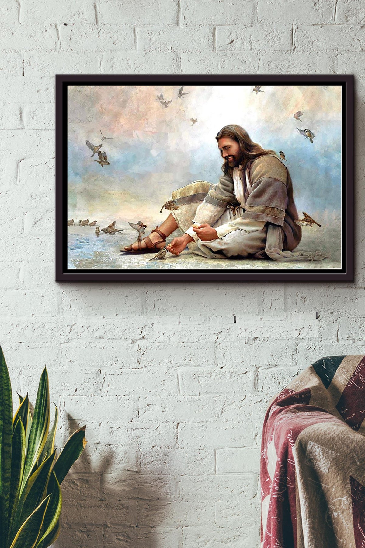 Jesus Sit On The Beach Feeding Sparrow Poster n Framed Matte Canvas