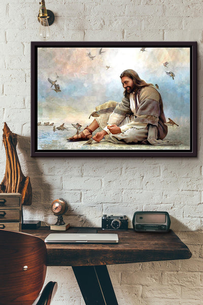 Jesus Sit On The Beach Feeding Sparrow Poster n Framed Matte Canvas