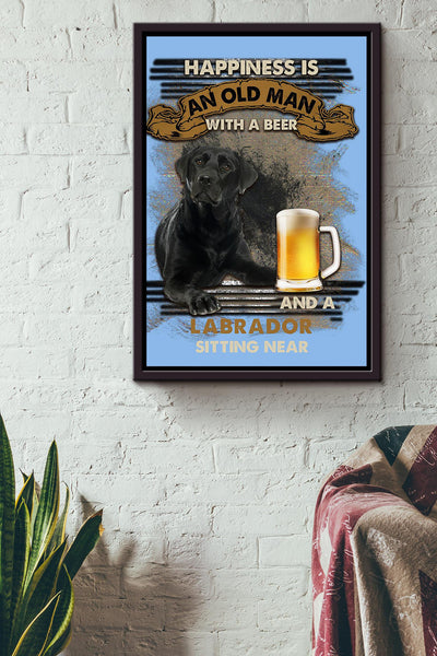 Happiness Quote Old Man With Black Labrador Sitting Near Vintage Wall Art For Grandfather Framed Canvas Framed Prints, Canvas