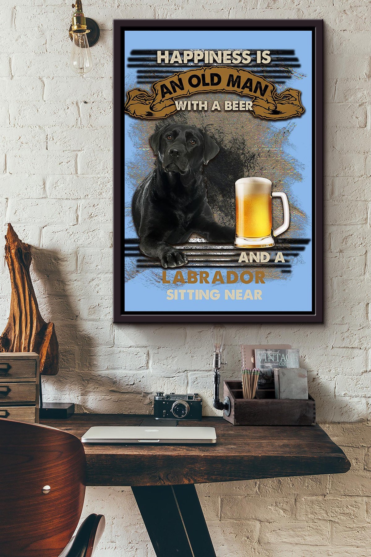 Happiness Quote Old Man With Black Labrador Sitting Near Vintage Wall Art For Grandfather Framed Canvas Framed Prints, Canvas