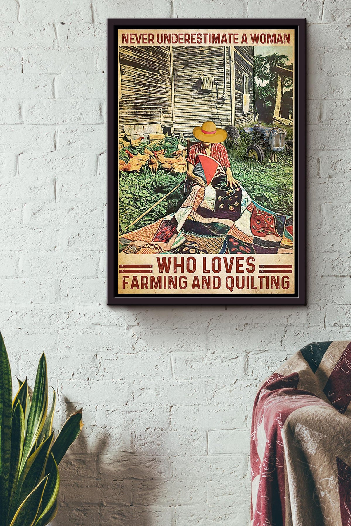 Never Undereatimate Woman Loves Farming And Quilting Gift For Famers Organic Food Store Framed Canvas
