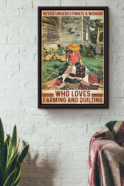 Never Undereatimate Woman Loves Farming And Quilting Gift For Famers Organic Food Store Framed Canvas