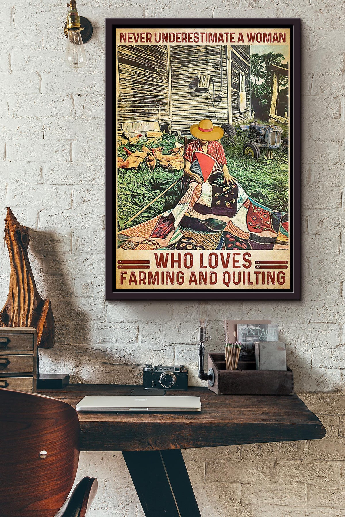 Never Undereatimate Woman Loves Farming And Quilting Gift For Famers Organic Food Store Framed Canvas