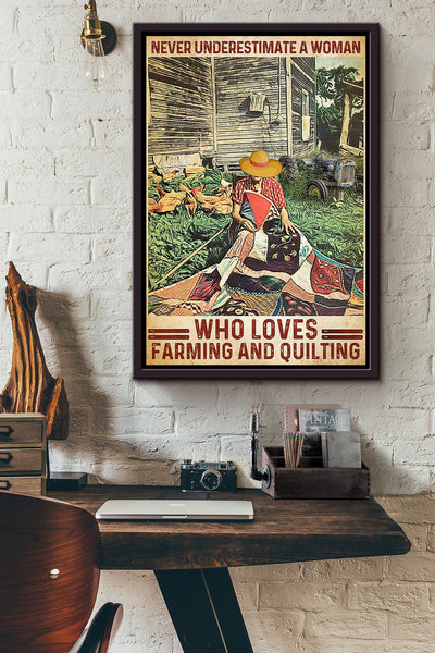Never Undereatimate Woman Loves Farming And Quilting Gift For Famers Organic Food Store Framed Canvas