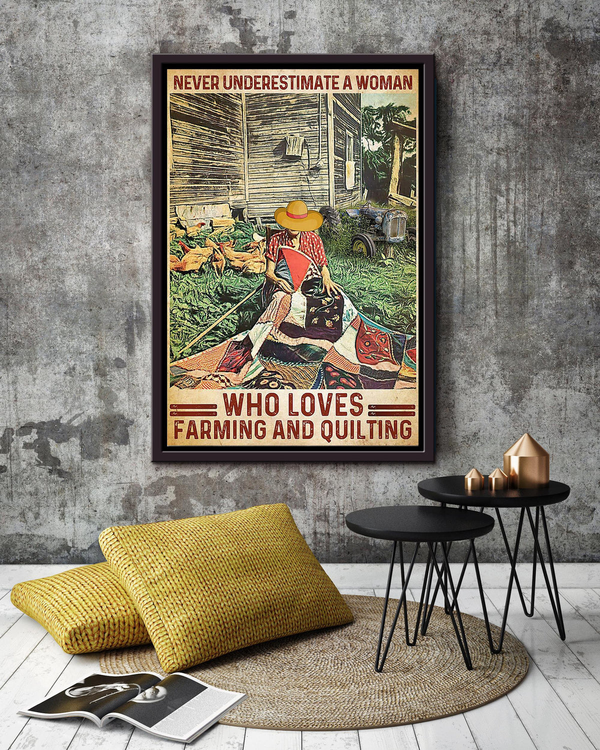 Never Undereatimate Woman Loves Farming And Quilting Gift For Famers Organic Food Store Framed Canvas