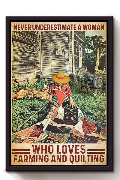 Never Undereatimate Woman Loves Farming And Quilting Gift For Famers Organic Food Store Framed Canvas