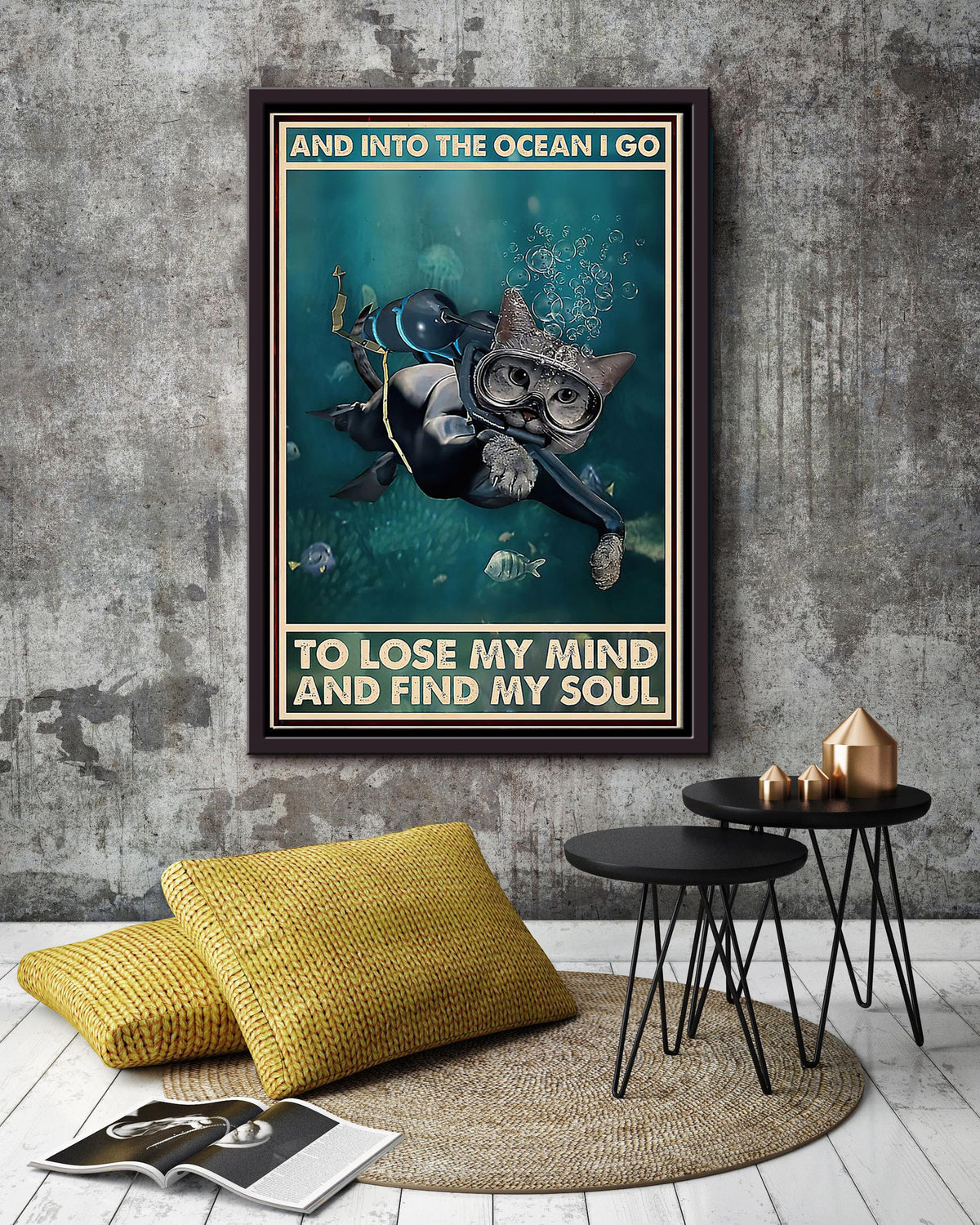 Scuba Diving Into The Ocean I Go To Find My Soul Cat Scuba Diving Wall Art Funny Moment For Cat Lover Scuba Diver Framed Canvas Framed Prints, Canvas