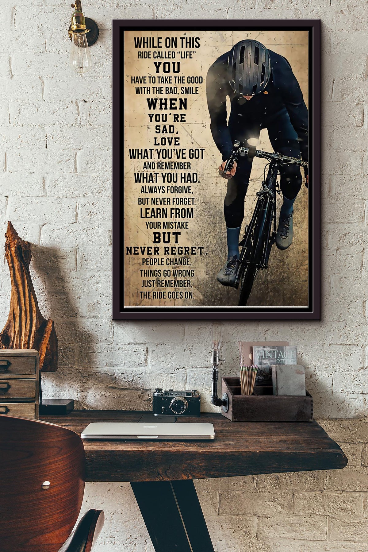While On This Ride Called Life Never Regret Cycling Poster Framed Matte Canvas