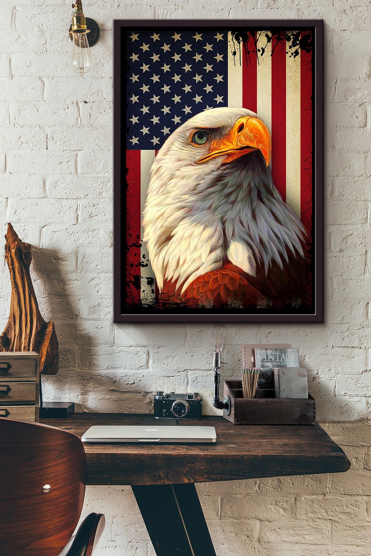 Smiling Eagle With American Flag 4th Of July Gift For Eagle Lover Framed Canvas