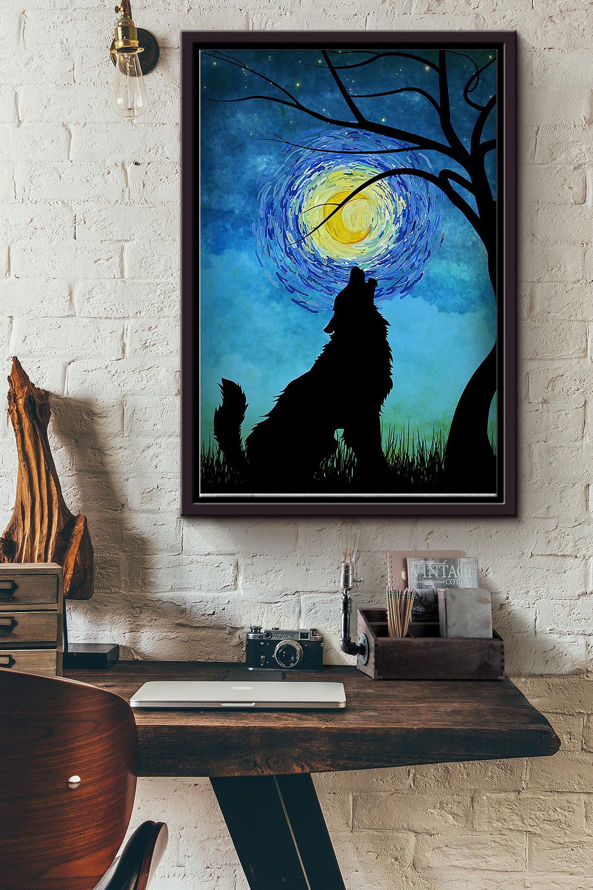Wolf In Starry Night Van Gogh Art Poster Framed Matte Canvas