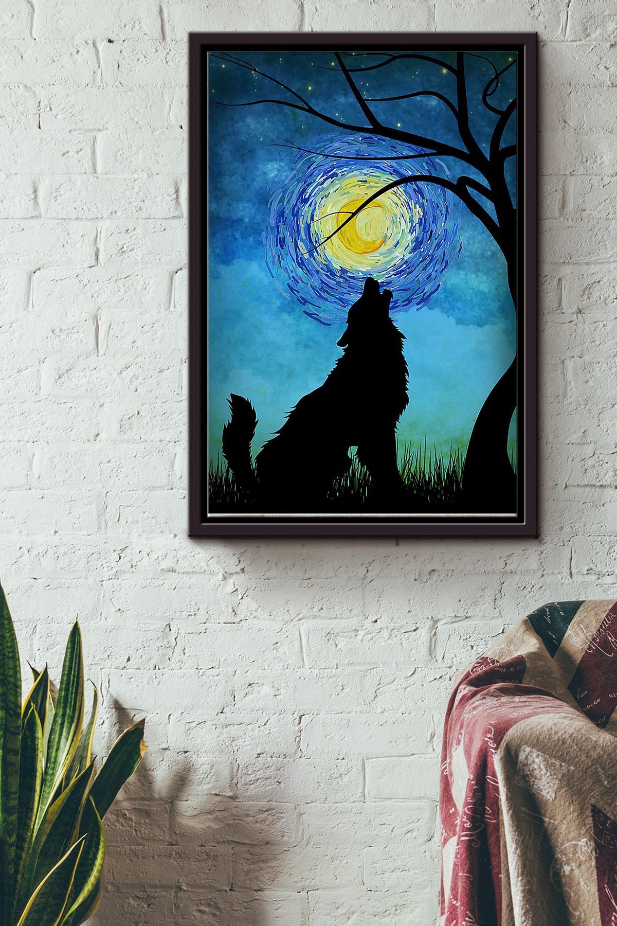 Wolf In Starry Night Van Gogh Art Poster Framed Matte Canvas