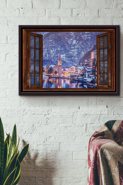 Window View Village Winter Poster n Framed Matte Canvas