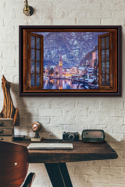 Window View Village Winter Poster n Framed Matte Canvas