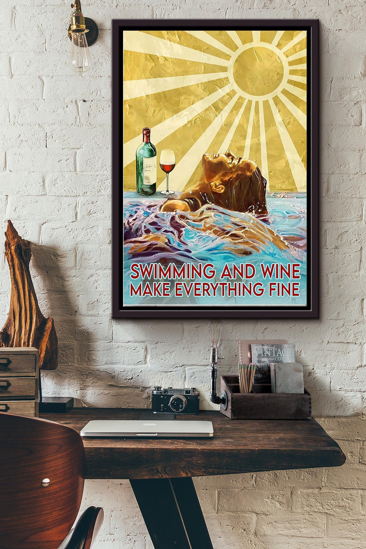 Swimming And Red Wine Make Everything Fine Poster Framed Matte Canvas