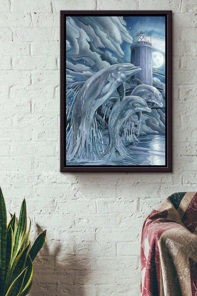Three Dolphin Beside Lighthouse Dolphin Family In Night Gift For Dolphin Lover Framed Canvas