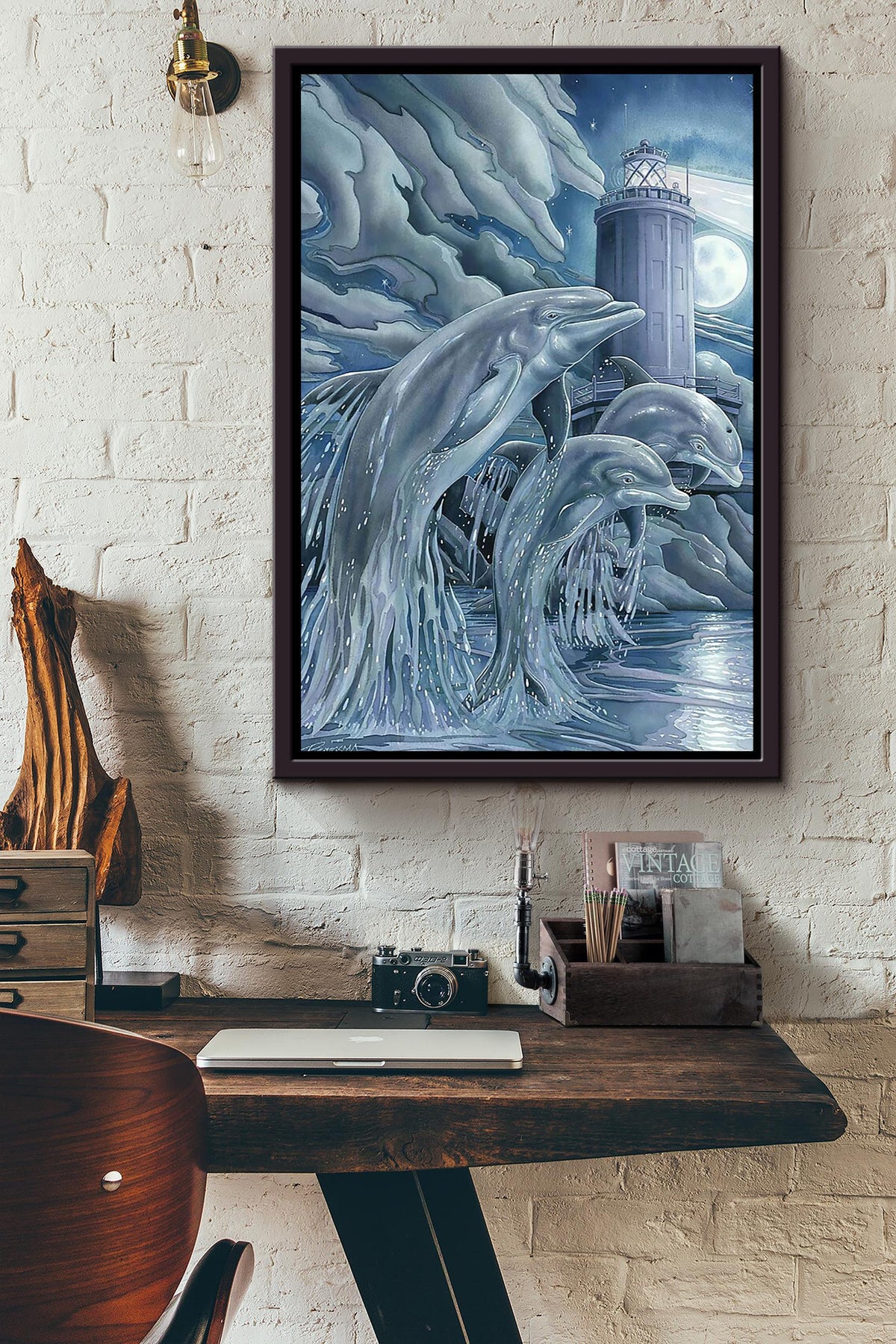 Three Dolphin Beside Lighthouse Dolphin Family In Night Gift For Dolphin Lover Framed Canvas