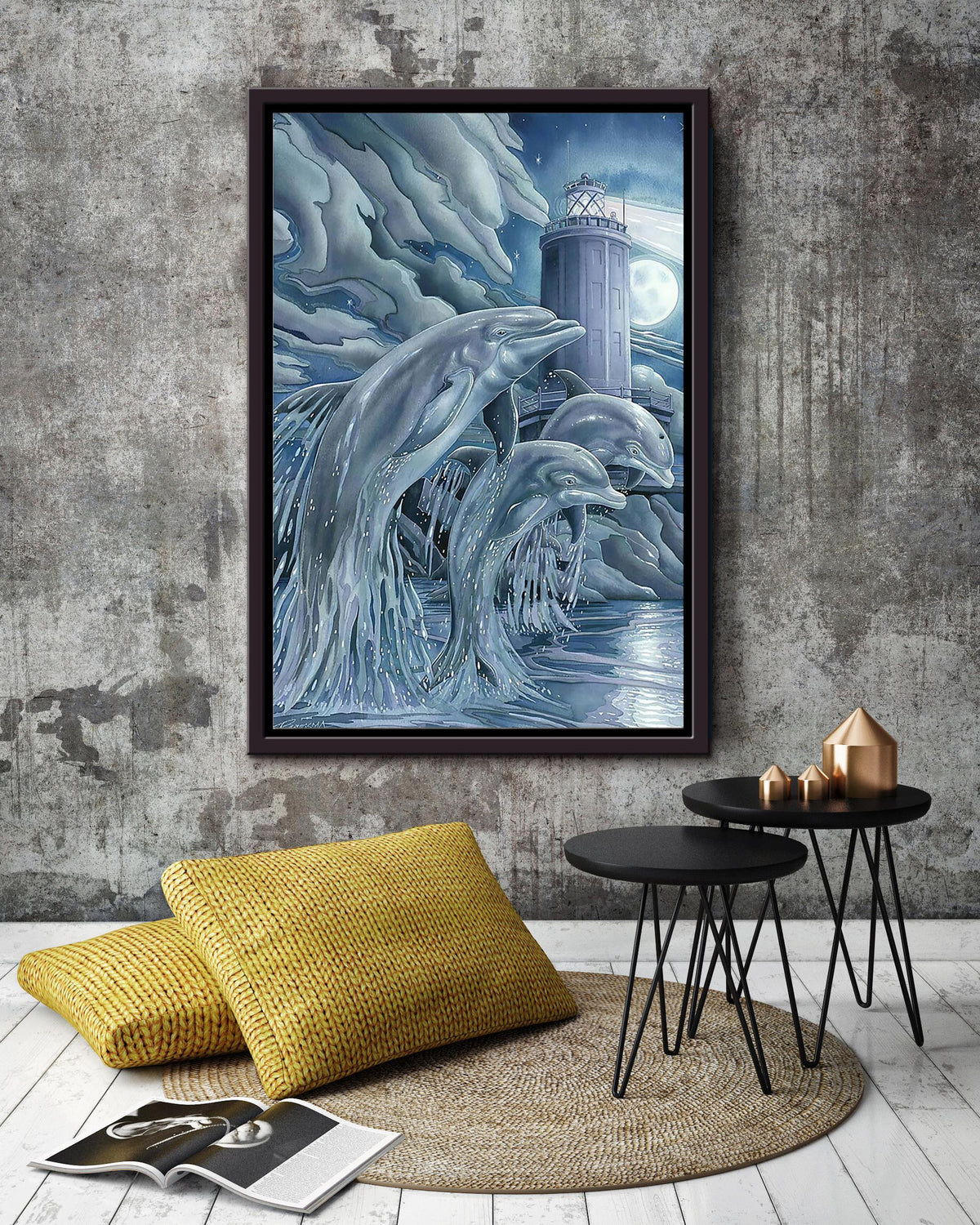 Three Dolphin Beside Lighthouse Dolphin Family In Night Gift For Dolphin Lover Framed Canvas