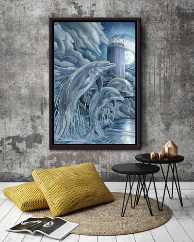Three Dolphin Beside Lighthouse Dolphin Family In Night Gift For Dolphin Lover Framed Canvas
